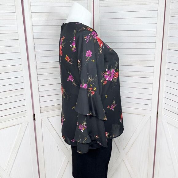 Worthington Floral Tiered Ruffle Bell Sleeve Blouse Black Pink Large - Picture 3 of 12
